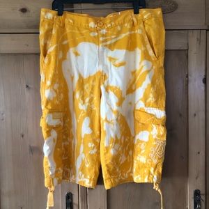 Mens Akademiks Cargo Shorts Yellow White Splashed Drawstring Hems 38